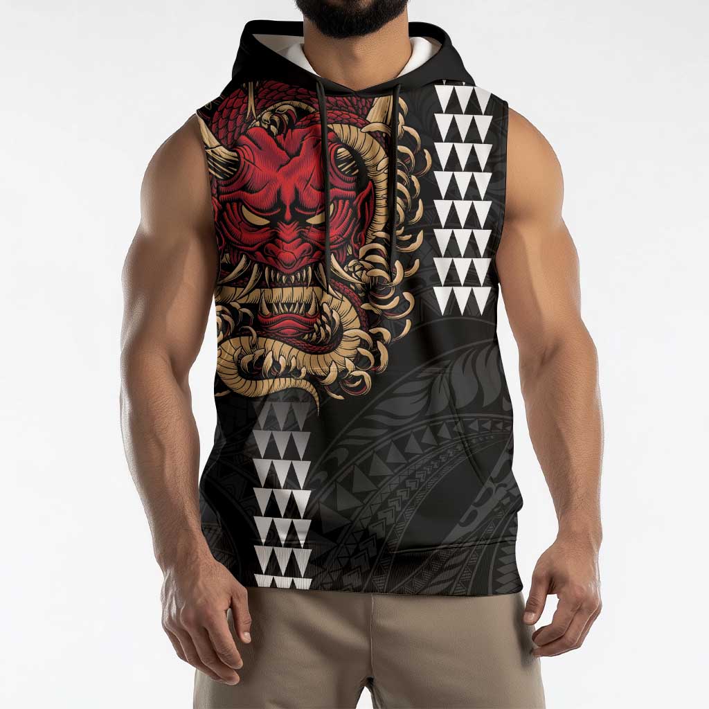 Hawaii and Japanese Oni Mask Personalised Sleeveless Hoodie Kakau Pattern Dark Art Style - Polynesian Pride