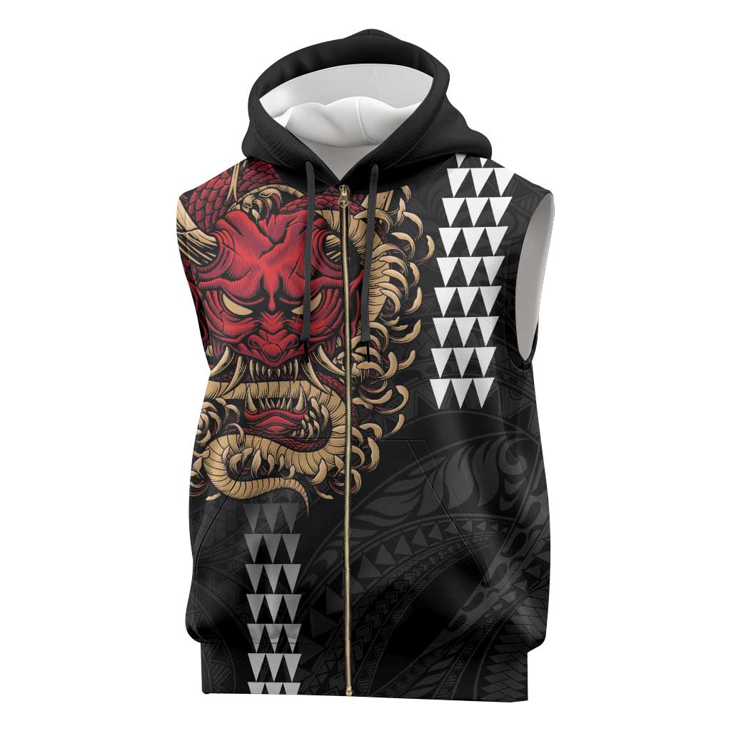 Hawaii and Japanese Oni Mask Personalised Sleeveless Zip Hoodie Kakau Pattern Dark Art Style - Polynesian Pride