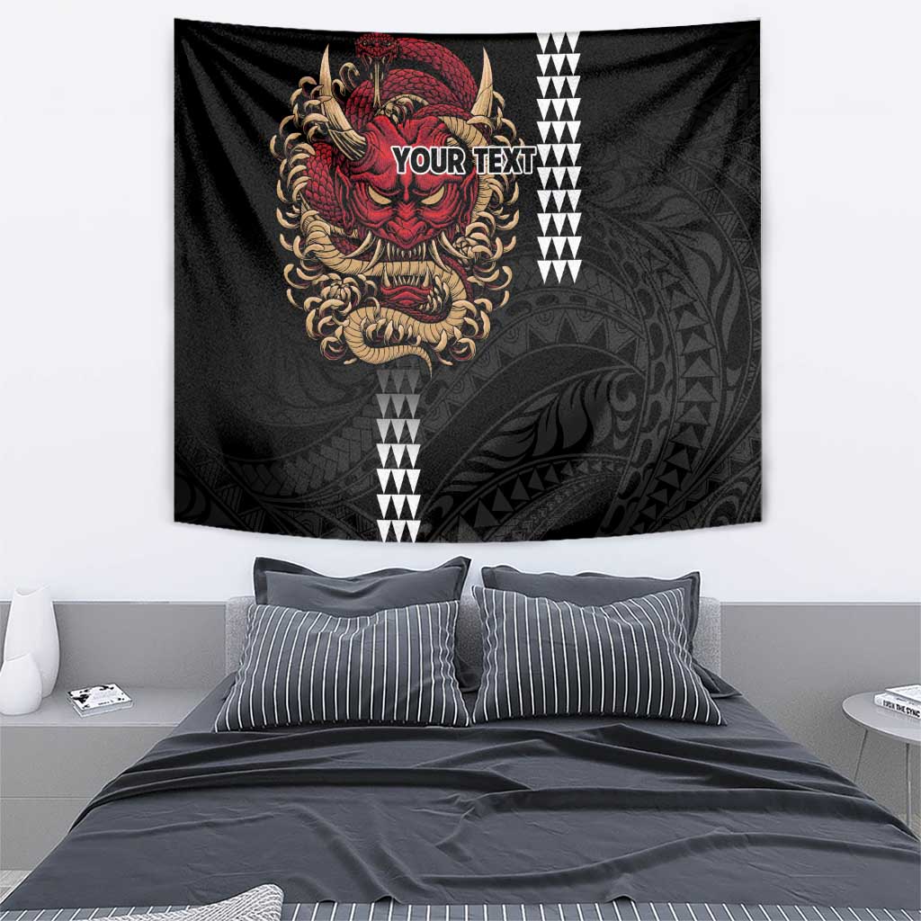 Hawaii and Japanese Oni Mask Personalised Tapestry Kakau Pattern Dark Art Style