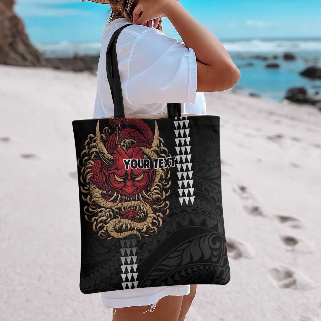 Hawaii and Japanese Oni Mask Personalised Tote Bag Kakau Pattern Dark Art Style - Polynesian Pride