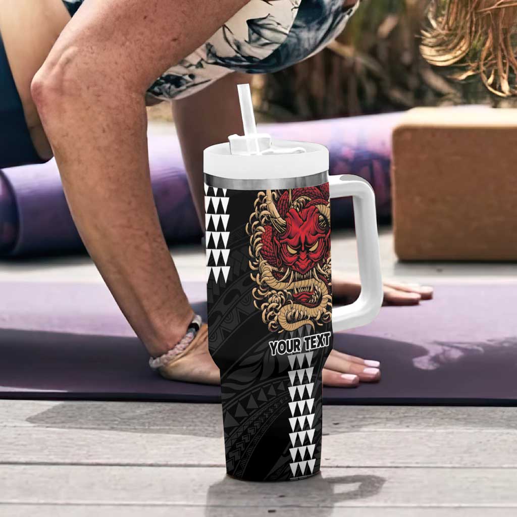 Hawaii and Japanese Oni Mask Personalised Tumbler With Handle Kakau Pattern Dark Art Style