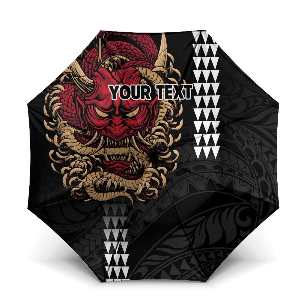 Hawaii and Japanese Oni Mask Personalised Umbrella Kakau Pattern Dark Art Style - Polynesian Pride