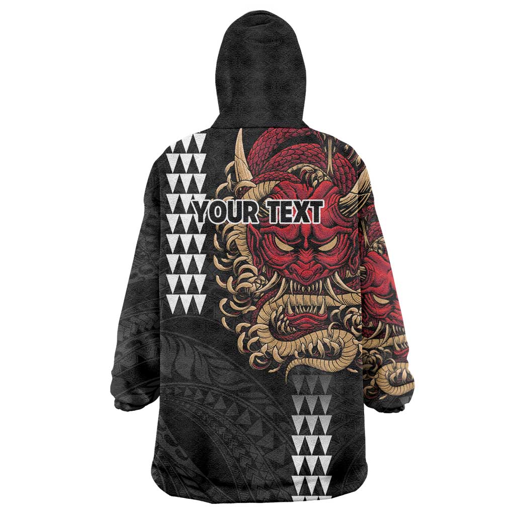 Hawaii and Japanese Oni Mask Personalised Wearable Blanket Hoodie Kakau Pattern Dark Art Style