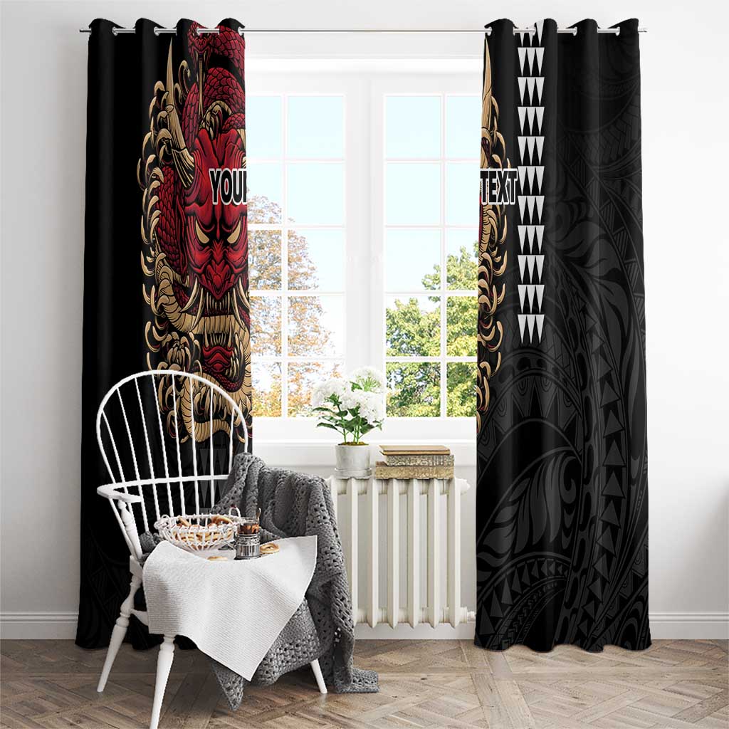 Hawaii and Japanese Oni Mask Personalised Window Curtain Kakau Pattern Dark Art Style