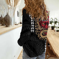 Hawaii and Japanese Oni Mask Personalised Women Casual Shirt Kakau Pattern Dark Art Style