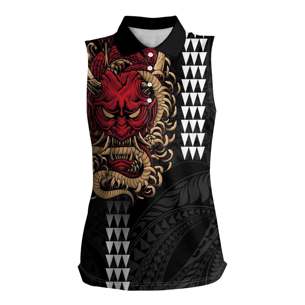Hawaii and Japanese Oni Mask Personalised Women Sleeveless Polo Shirt Kakau Pattern Dark Art Style