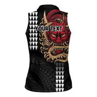 Hawaii and Japanese Oni Mask Personalised Women Sleeveless Polo Shirt Kakau Pattern Dark Art Style