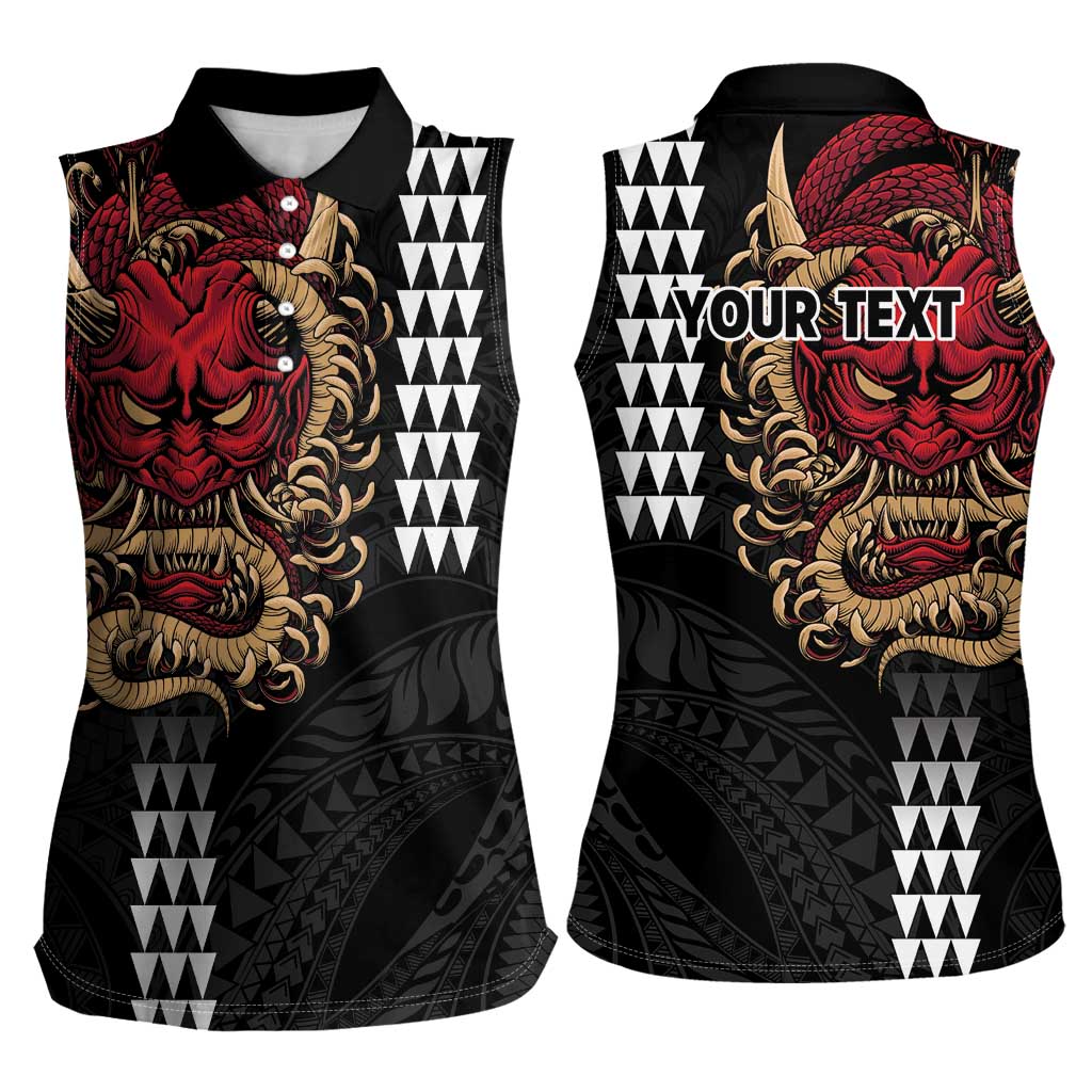 Hawaii and Japanese Oni Mask Personalised Women Sleeveless Polo Shirt Kakau Pattern Dark Art Style