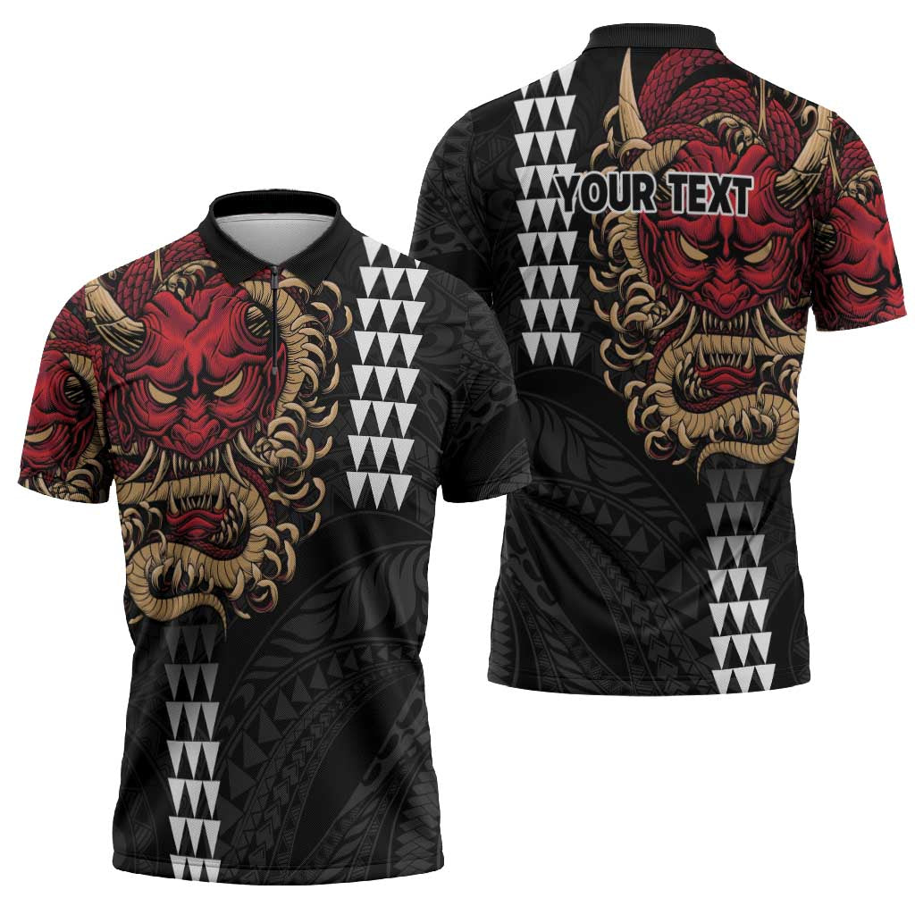 Hawaii and Japanese Oni Mask Personalised Zipper Polo Shirt Kakau Pattern Dark Art Style - Polynesian Pride