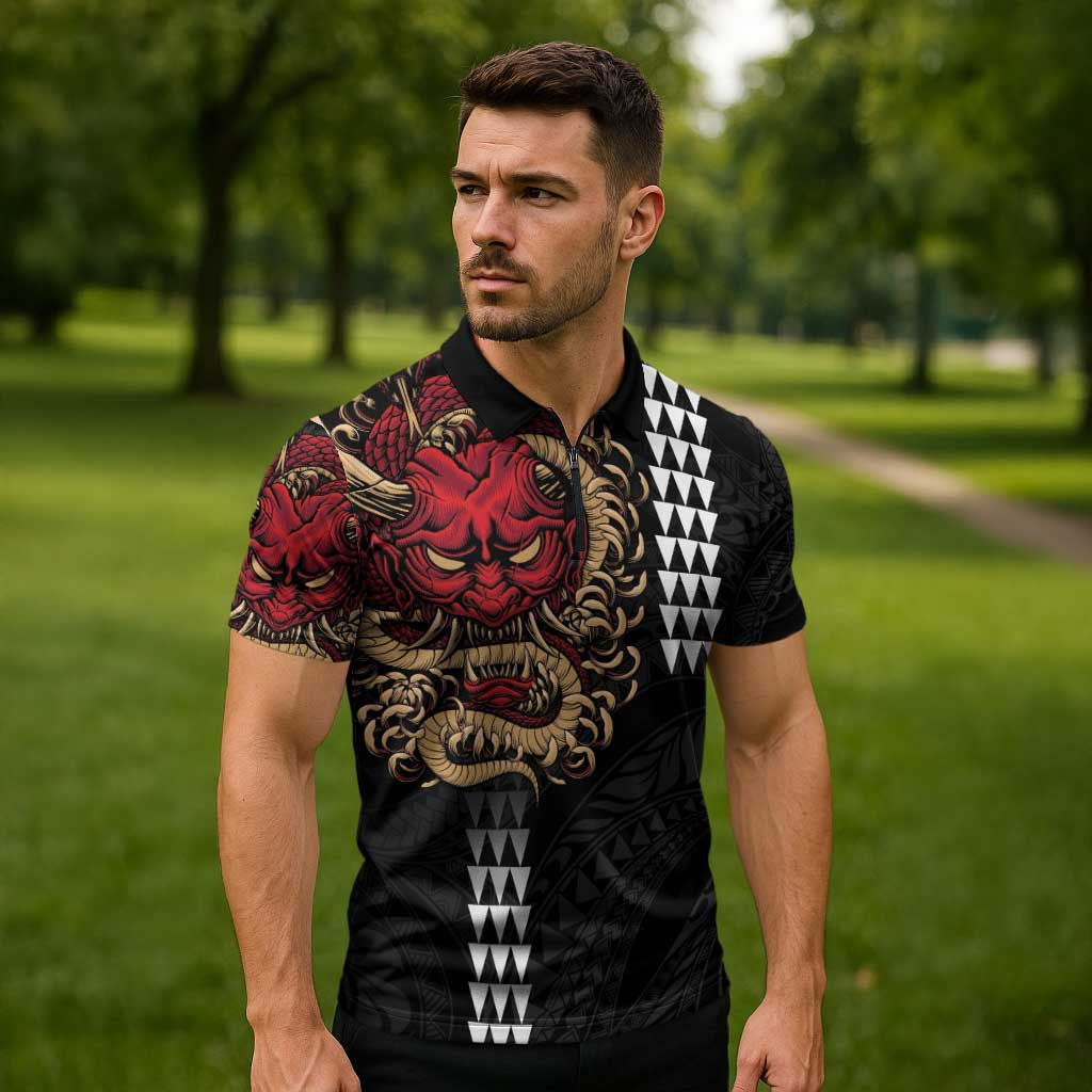 Hawaii and Japanese Oni Mask Personalised Zipper Polo Shirt Kakau Pattern Dark Art Style - Polynesian Pride