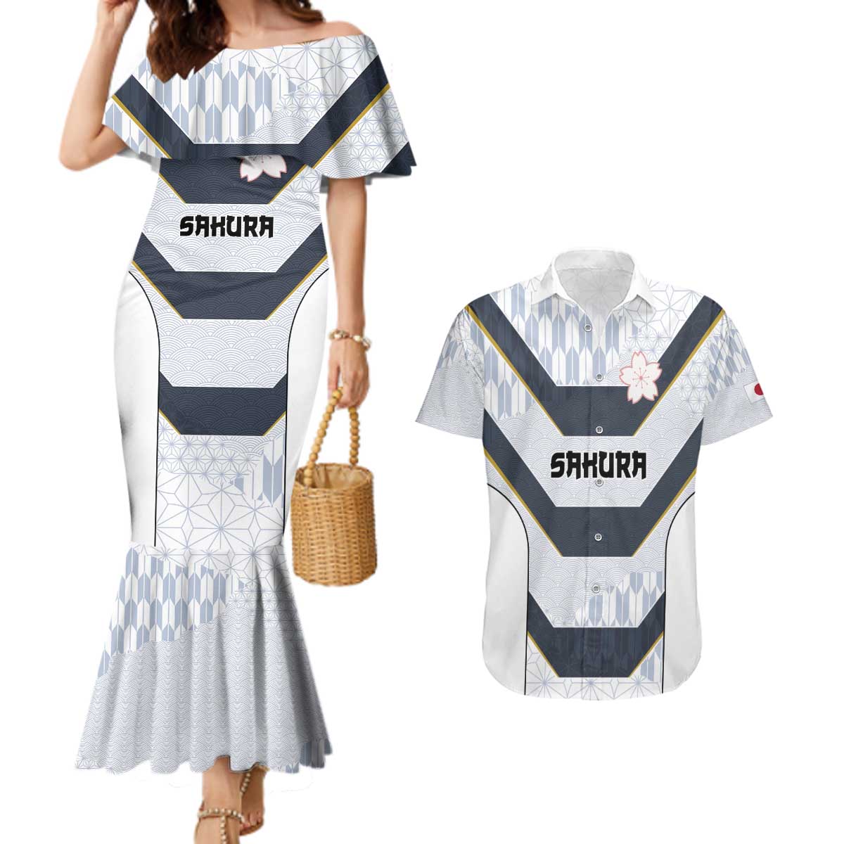 Japan Pacific Rugby 2022-23 Custom Couples Matching Mermaid Dress and Hawaiian Shirt Black Sakura Japanese Wave Pattern