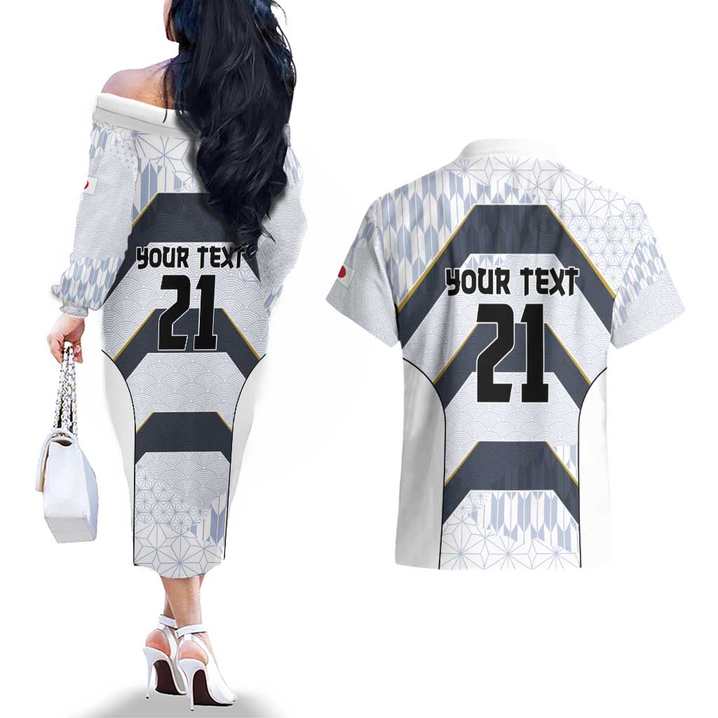 Japan Pacific Rugby 2022-23 Custom Couples Matching Off The Shoulder Long Sleeve Dress and Hawaiian Shirt Black Sakura Japanese Wave Pattern