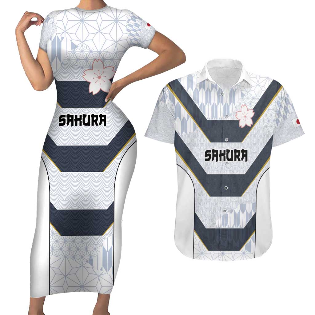 Japan Pacific Rugby 2022-23 Custom Couples Matching Short Sleeve Bodycon Dress and Hawaiian Shirt Black Sakura Japanese Wave Pattern