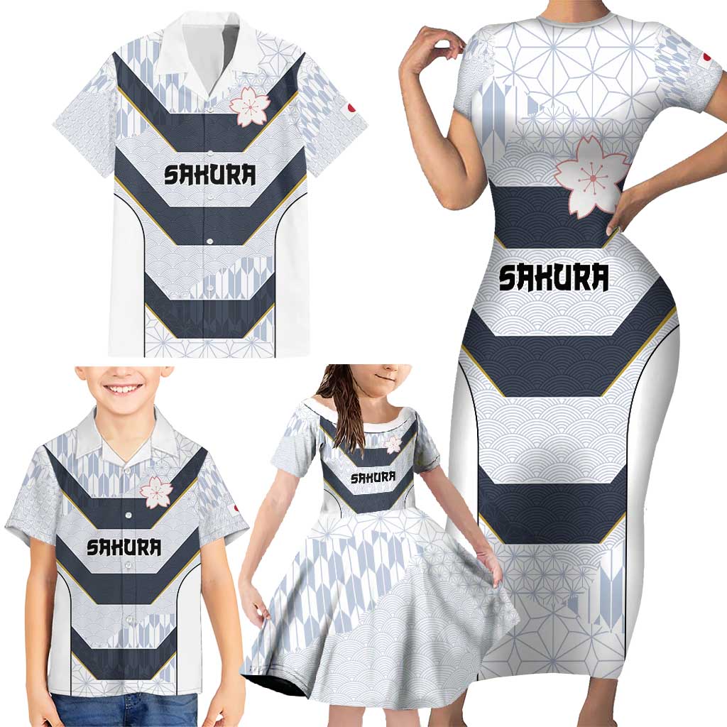Japan Pacific Rugby 2022-23 Custom Family Matching Short Sleeve Bodycon Dress and Hawaiian Shirt Black Sakura Japanese Wave Pattern