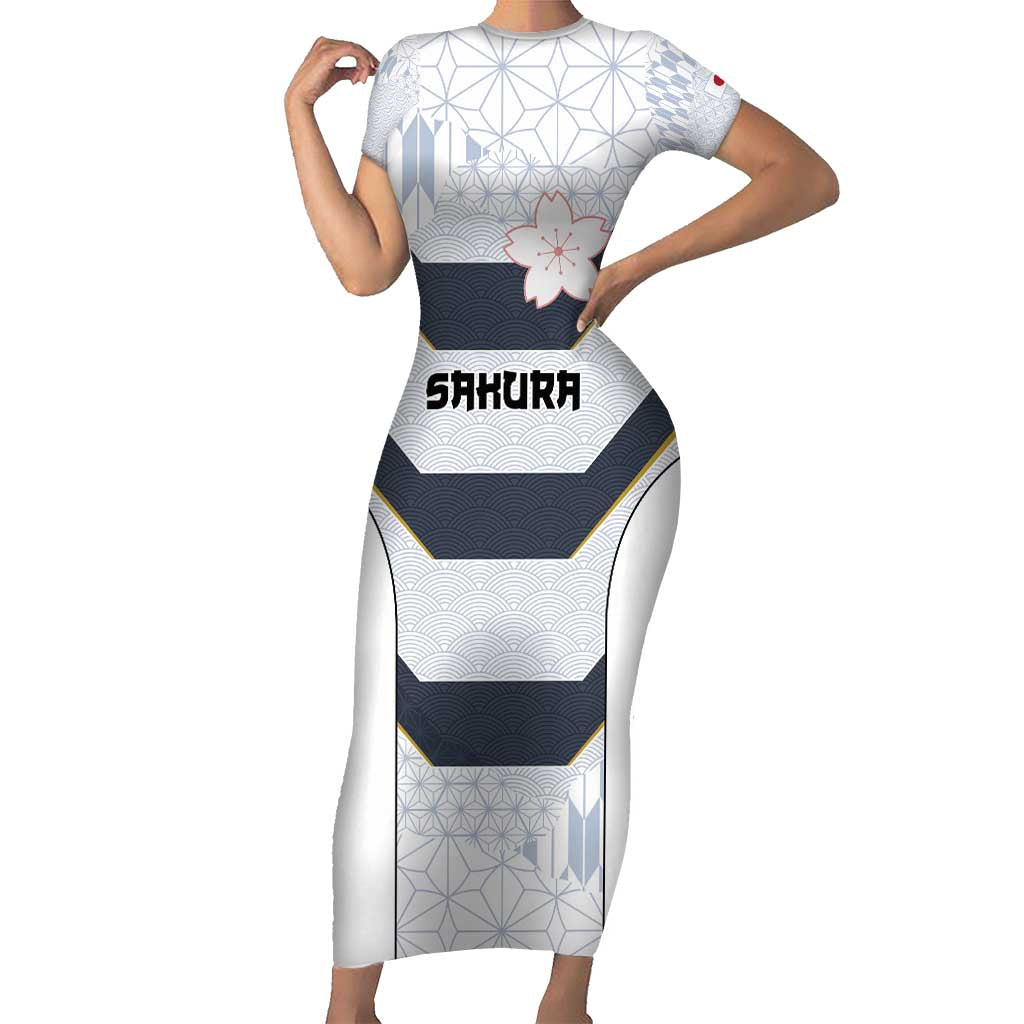 Japan Pacific Rugby 2022-23 Custom Short Sleeve Bodycon Dress Black Sakura Japanese Wave Pattern