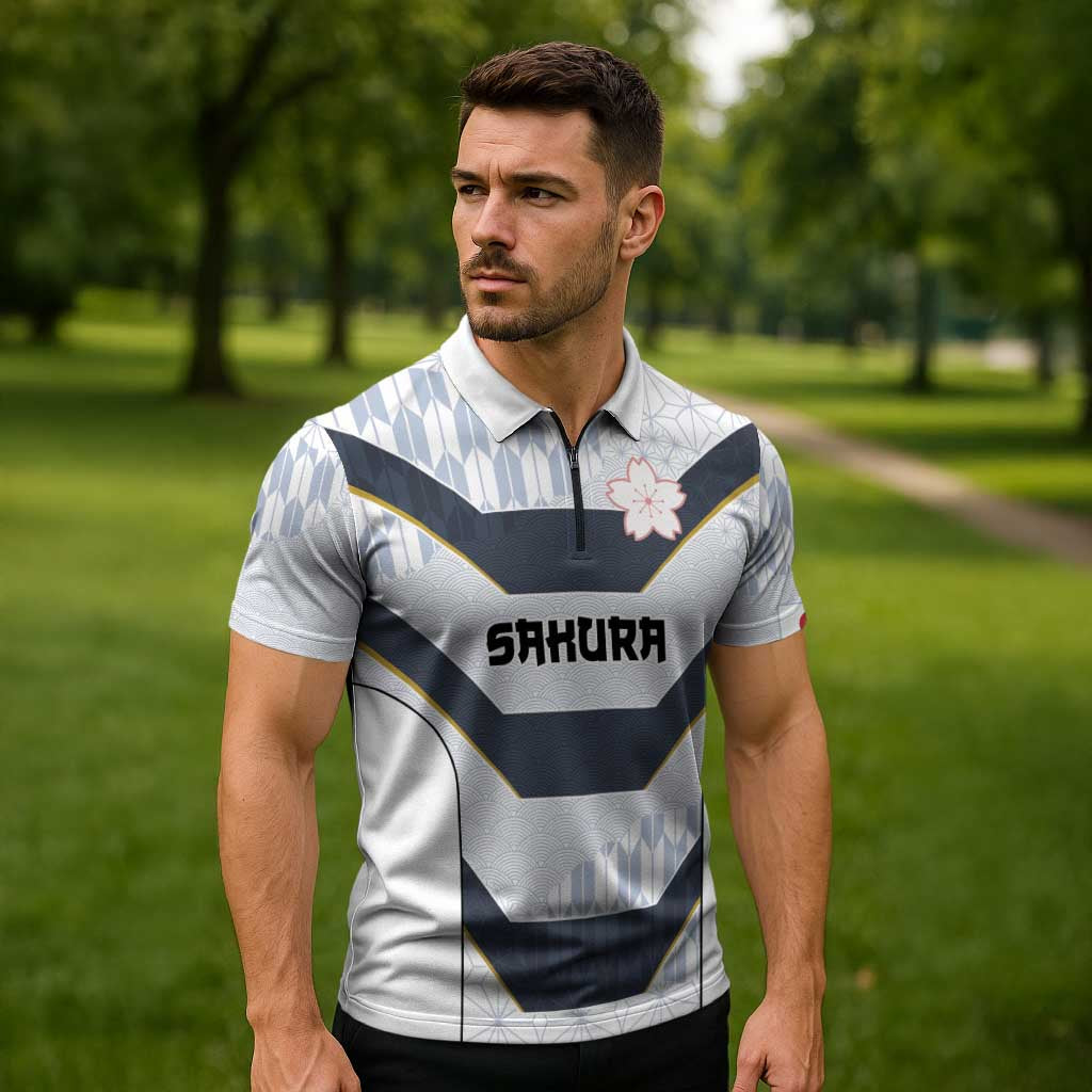 Japan Pacific Rugby 2022-23 Custom Zipper Polo Shirt Black Sakura Japanese Wave Pattern LT9 - Polynesian Pride