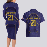 Japan Pacific Rugby 2022-23 Custom Couples Matching Long Sleeve Bodycon Dress and Hawaiian Shirt Blue Sakura Japanese Wave Pattern