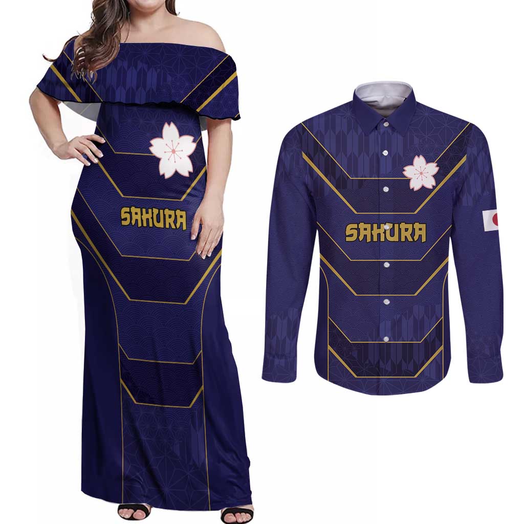 Japan Pacific Rugby 2022-23 Custom Couples Matching Off Shoulder Maxi Dress and Long Sleeve Button Shirt Blue Sakura Japanese Wave Pattern