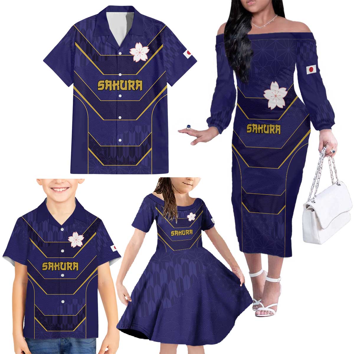 Japan Pacific Rugby 2022-23 Custom Family Matching Off The Shoulder Long Sleeve Dress and Hawaiian Shirt Blue Sakura Japanese Wave Pattern