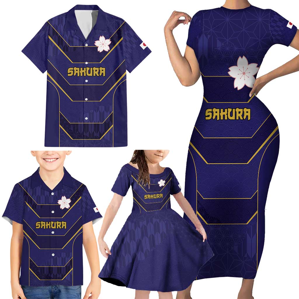 Japan Pacific Rugby 2022-23 Custom Family Matching Short Sleeve Bodycon Dress and Hawaiian Shirt Blue Sakura Japanese Wave Pattern