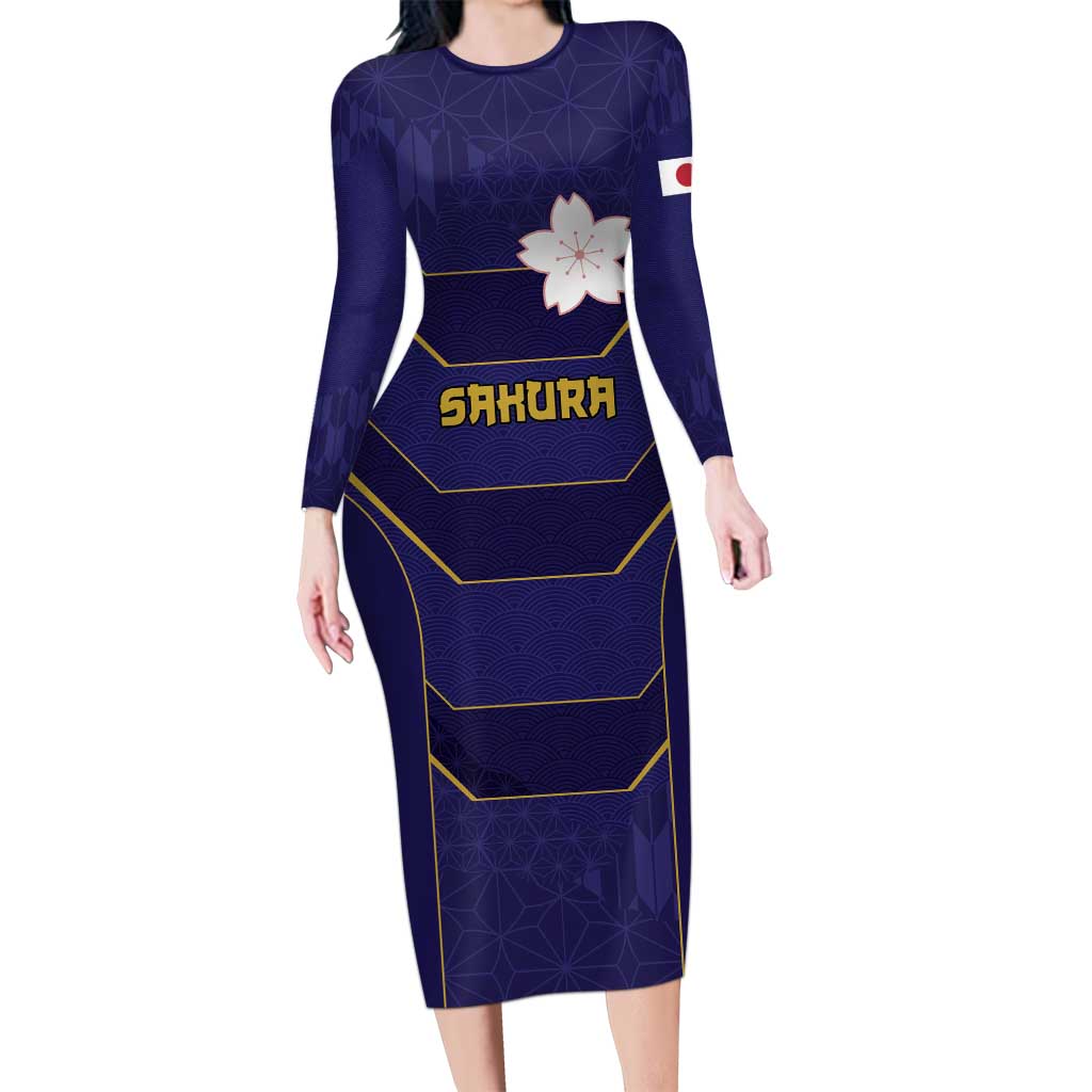 Japan Pacific Rugby 2022-23 Custom Long Sleeve Bodycon Dress Blue Sakura Japanese Wave Pattern