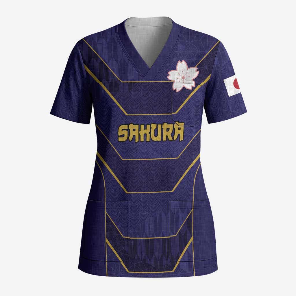 Japan Pacific Rugby 2022-23 Custom Scrub Top Blue Sakura Japanese Wave Pattern - Polynesian Pride