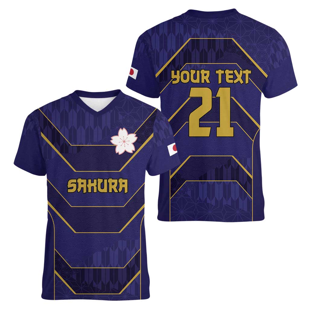 Japan Pacific Rugby 2022-23 Custom Women V-Neck T-Shirt Blue Sakura Japanese Wave Pattern
