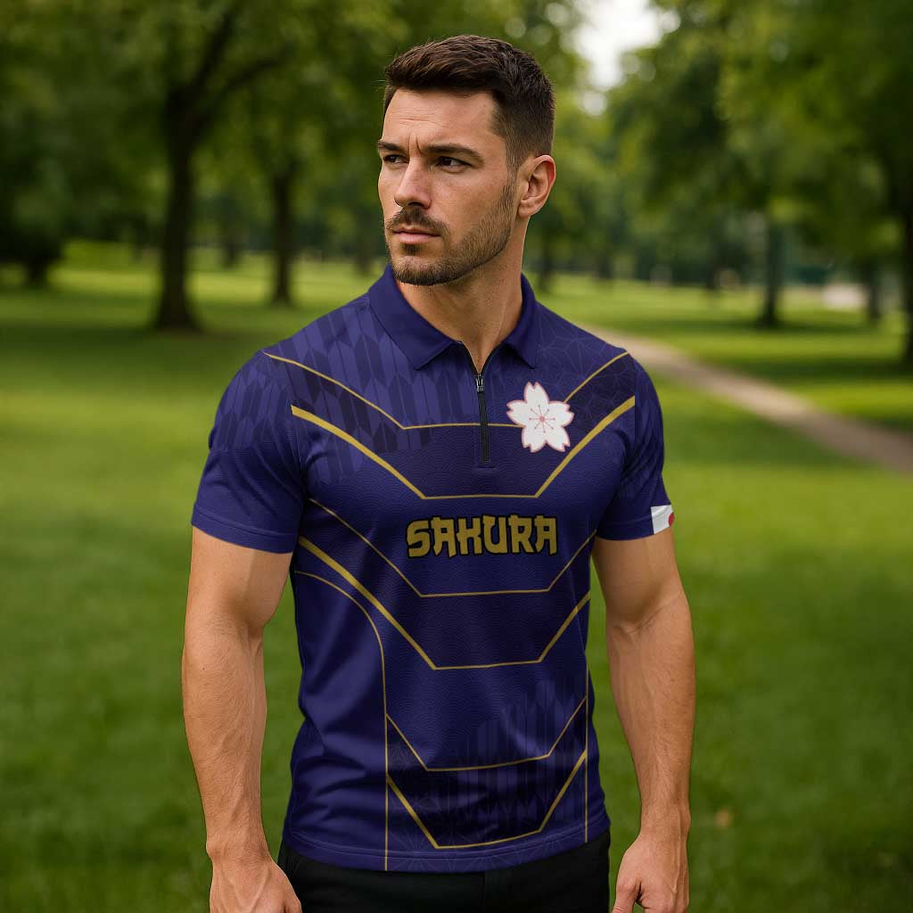 Japan Pacific Rugby 2022-23 Custom Zipper Polo Shirt Blue Sakura Japanese Wave Pattern LT9 - Polynesian Pride