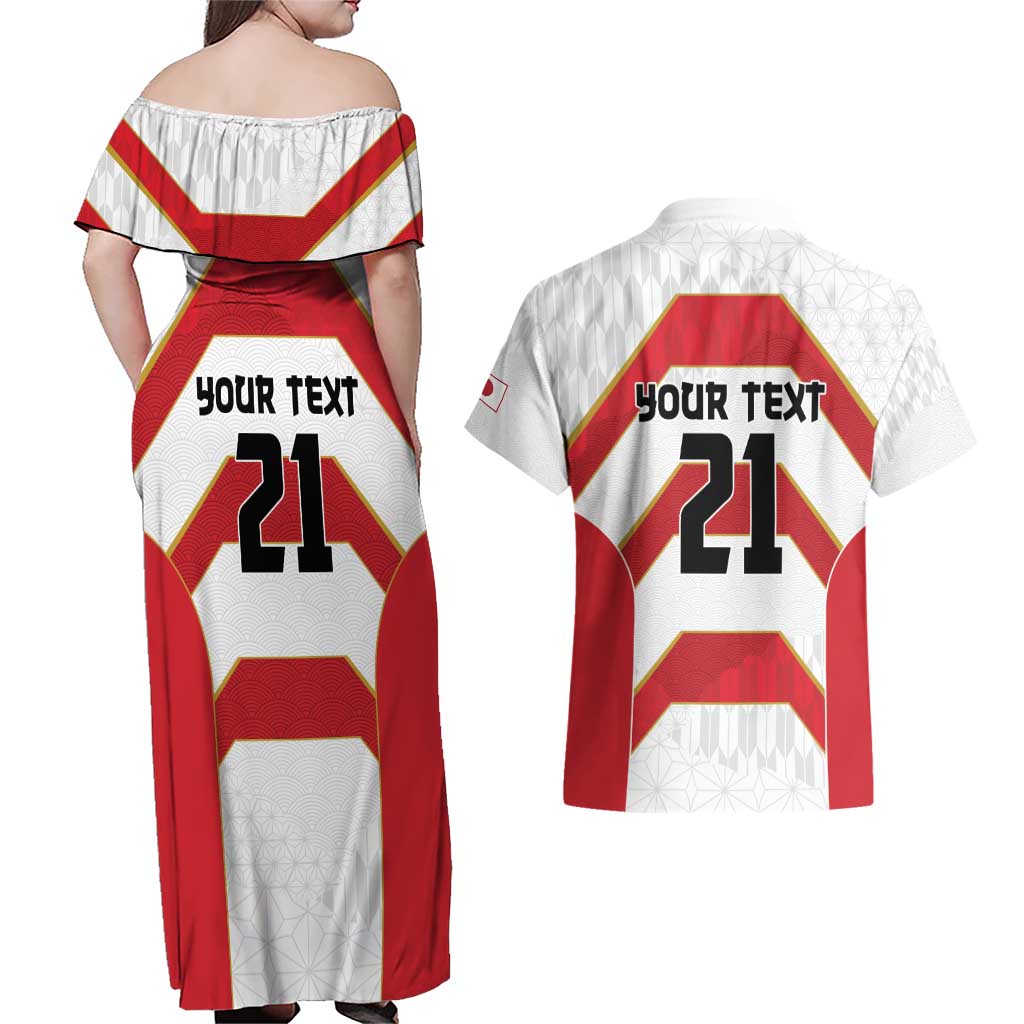 Japan Pacific Rugby 2022-23 Custom Couples Matching Off Shoulder Maxi Dress and Hawaiian Shirt Red Sakura Japanese Wave Pattern