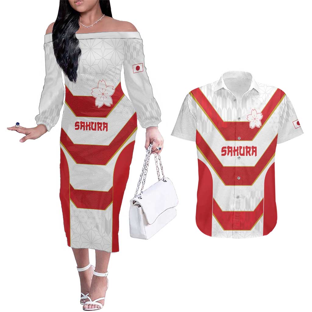 Japan Pacific Rugby 2022-23 Custom Couples Matching Off The Shoulder Long Sleeve Dress and Hawaiian Shirt Red Sakura Japanese Wave Pattern