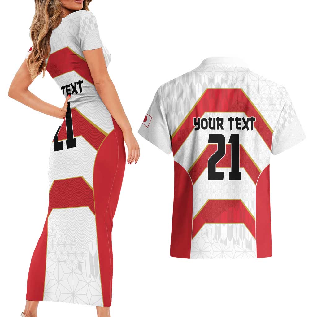 Japan Pacific Rugby 2022-23 Custom Couples Matching Short Sleeve Bodycon Dress and Hawaiian Shirt Red Sakura Japanese Wave Pattern