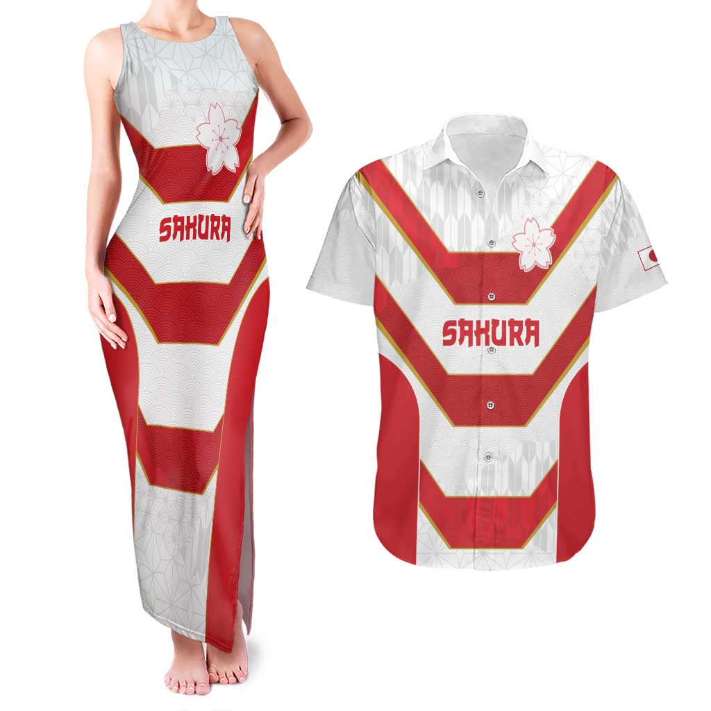 Japan Pacific Rugby 2022-23 Custom Couples Matching Tank Maxi Dress and Hawaiian Shirt Red Sakura Japanese Wave Pattern