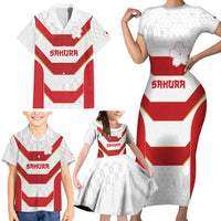 Japan Pacific Rugby 2022-23 Custom Family Matching Short Sleeve Bodycon Dress and Hawaiian Shirt Red Sakura Japanese Wave Pattern