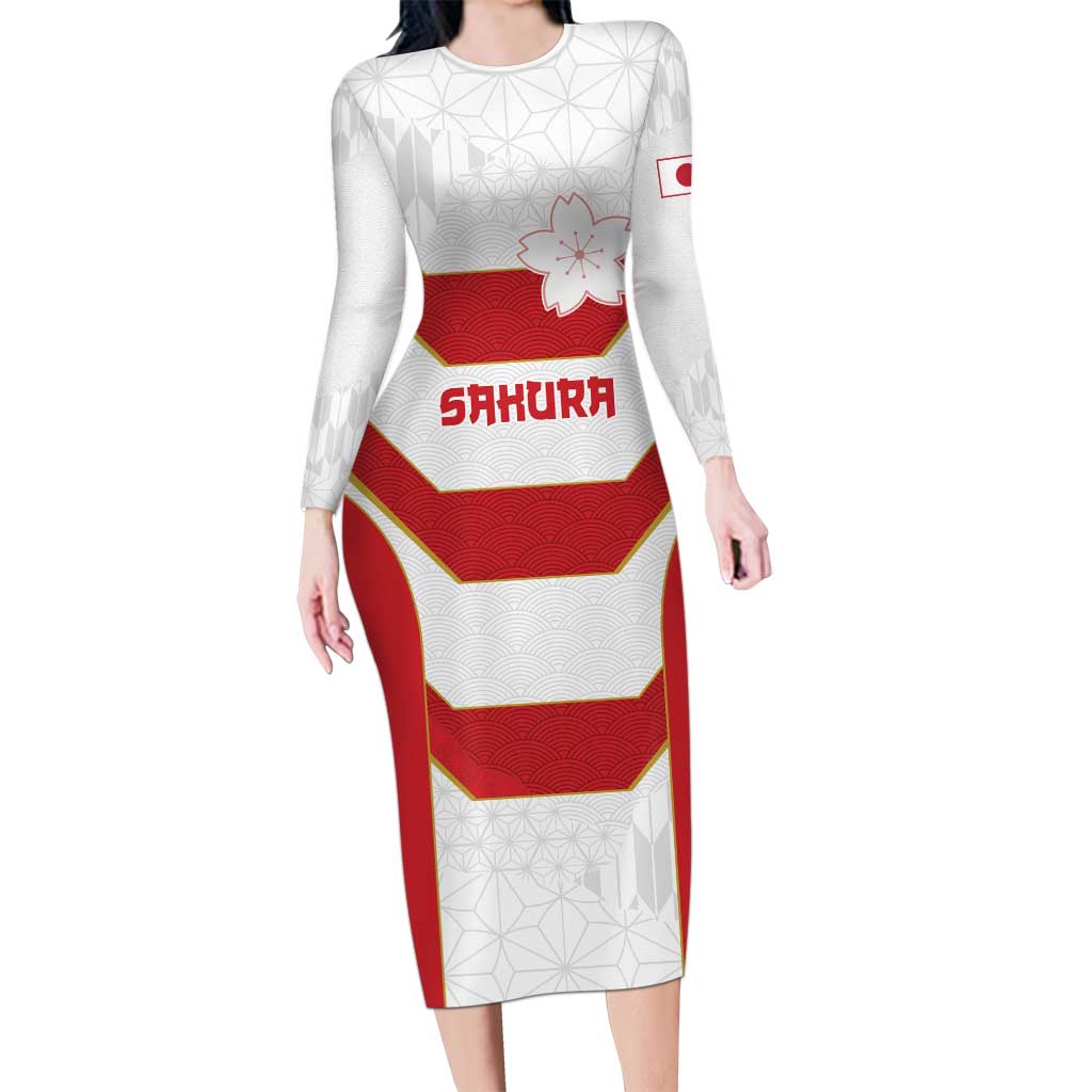 Japan Pacific Rugby 2022-23 Custom Long Sleeve Bodycon Dress Red Sakura Japanese Wave Pattern