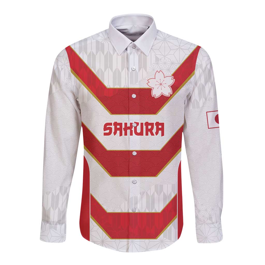 Japan Pacific Rugby 2022-23 Custom Long Sleeve Button Shirt Red Sakura Japanese Wave Pattern