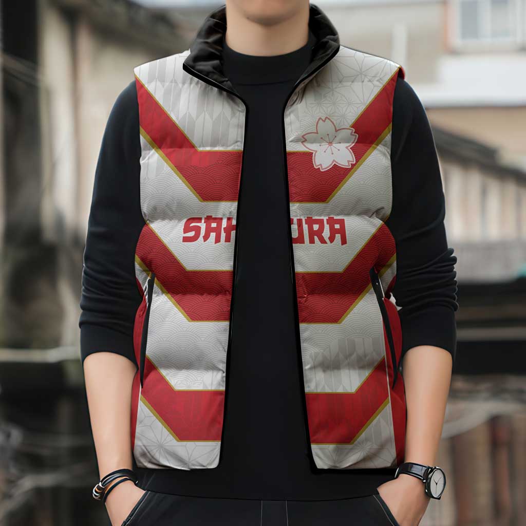 Japan Pacific Rugby 2022-23 Custom Sleeveless Puffer Jacket Red Sakura Japanese Wave Pattern - Polynesian Pride