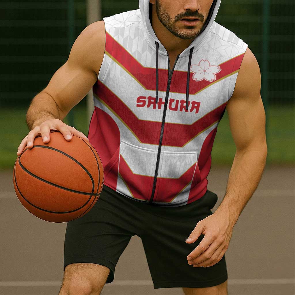 Japan Pacific Rugby 2022-23 Custom Sleeveless Zip Hoodie Red Sakura Japanese Wave Pattern - Polynesian Pride