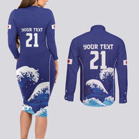 Japan Pacific Rugby Custom Couples Matching Long Sleeve Bodycon Dress and Long Sleeve Button Shirt Go Sakura Japanese Wave Pattern