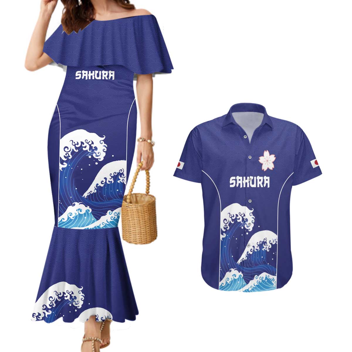 Japan Pacific Rugby Custom Couples Matching Mermaid Dress and Hawaiian Shirt Go Sakura Japanese Wave Pattern