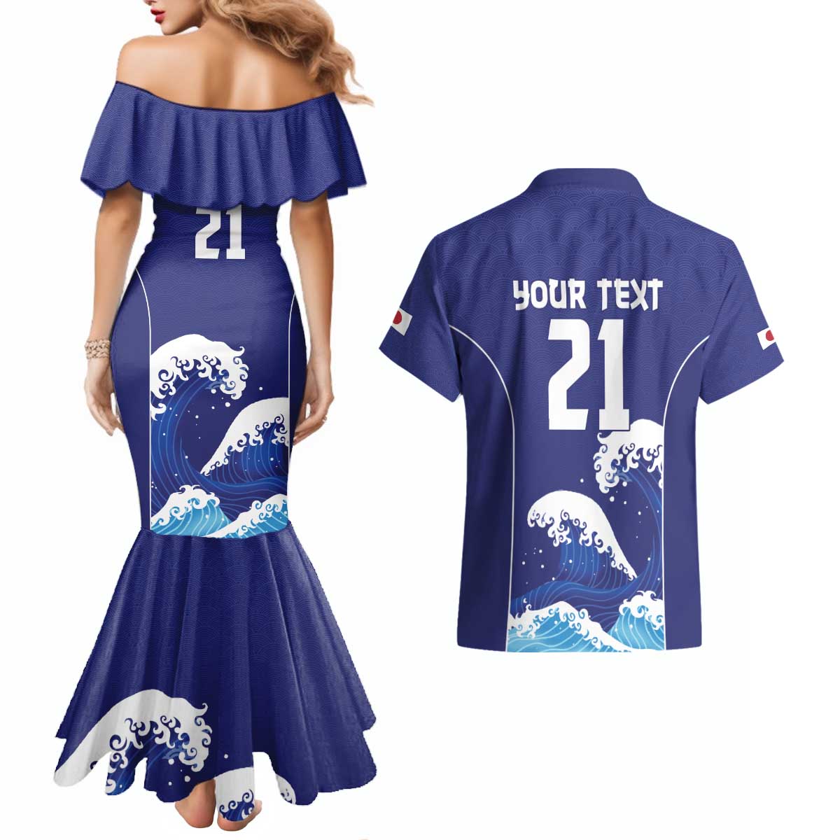 Japan Pacific Rugby Custom Couples Matching Mermaid Dress and Hawaiian Shirt Go Sakura Japanese Wave Pattern