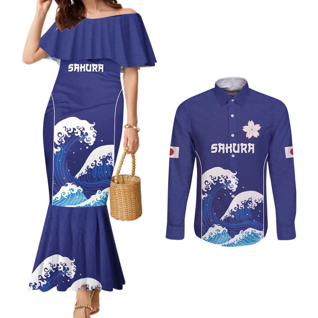 Japan Pacific Rugby Custom Couples Matching Mermaid Dress and Long Sleeve Button Shirt Go Sakura Japanese Wave Pattern