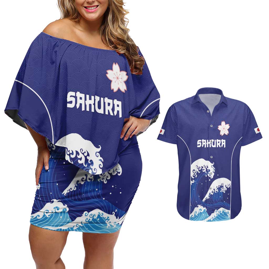 Japan Pacific Rugby Custom Couples Matching Off Shoulder Short Dress and Hawaiian Shirt Go Sakura Japanese Wave Pattern