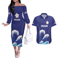 Japan Pacific Rugby Custom Couples Matching Off The Shoulder Long Sleeve Dress and Hawaiian Shirt Go Sakura Japanese Wave Pattern