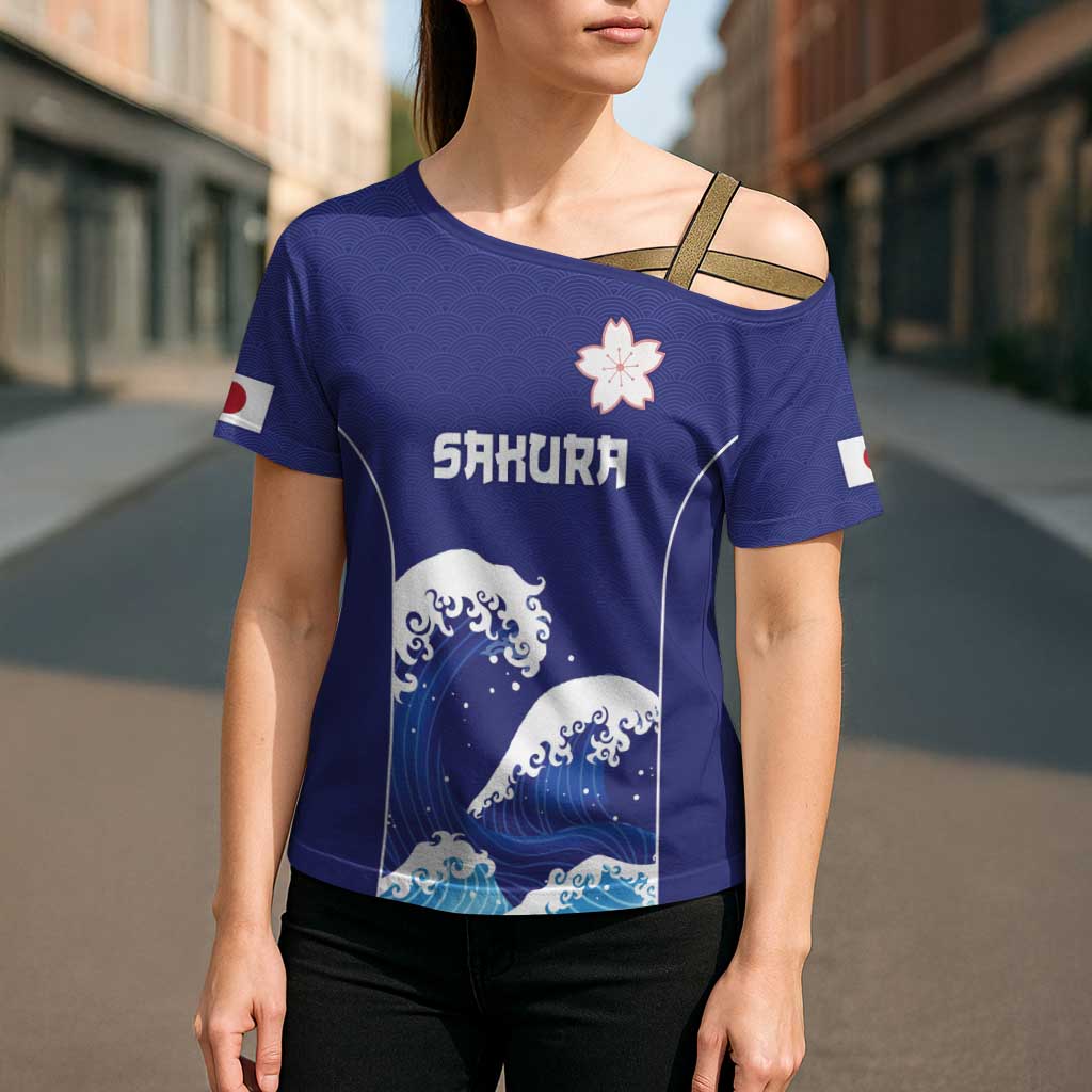 Japan Pacific Rugby Custom Cross Shoulder Shirt Go Sakura Japanese Wave Pattern - Polynesian Pride