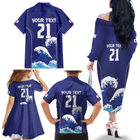 Japan Pacific Rugby Custom Family Matching Off The Shoulder Long Sleeve Dress and Hawaiian Shirt Go Sakura Japanese Wave Pattern