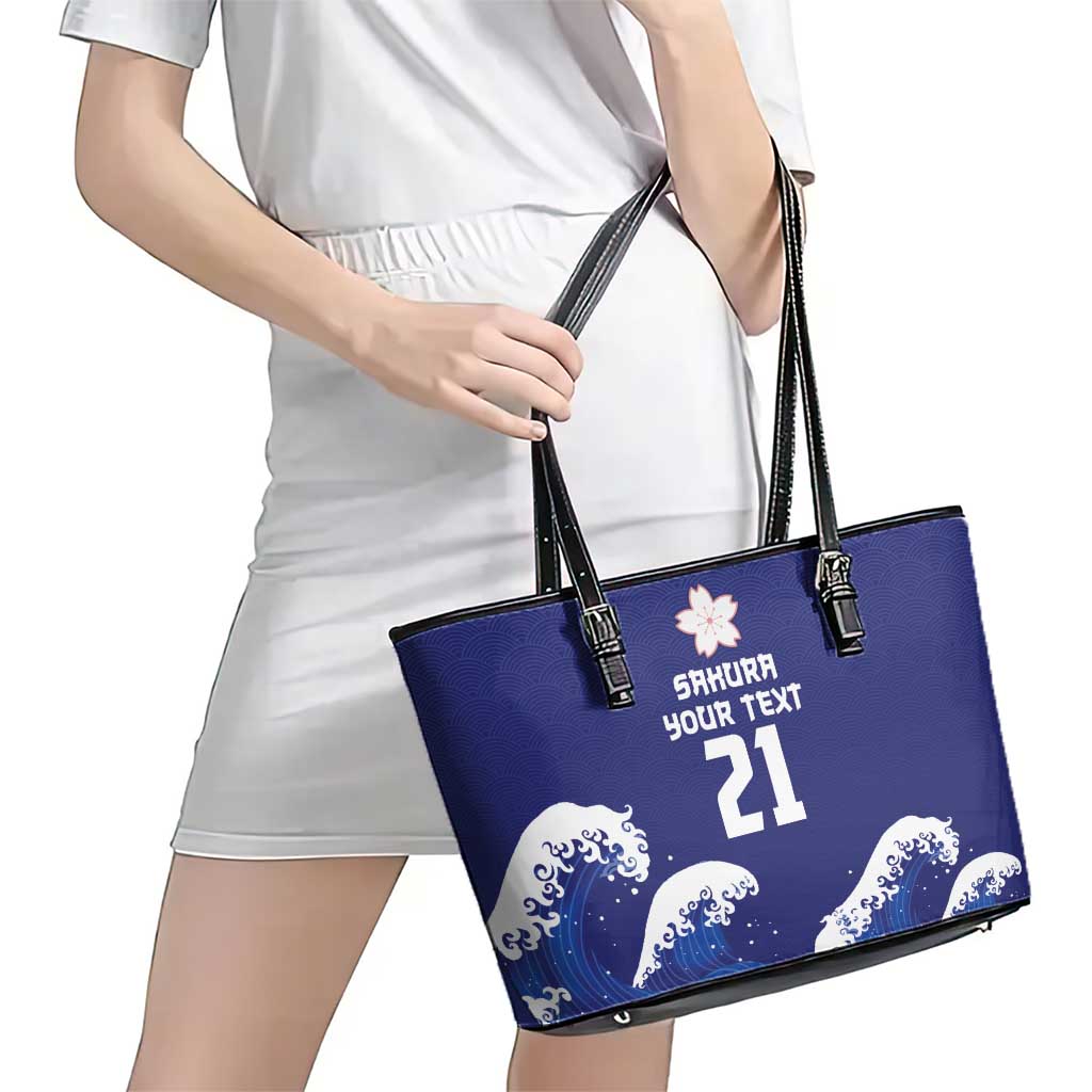 Japan Pacific Rugby Custom Leather Tote Bag Go Sakura Japanese Wave Pattern