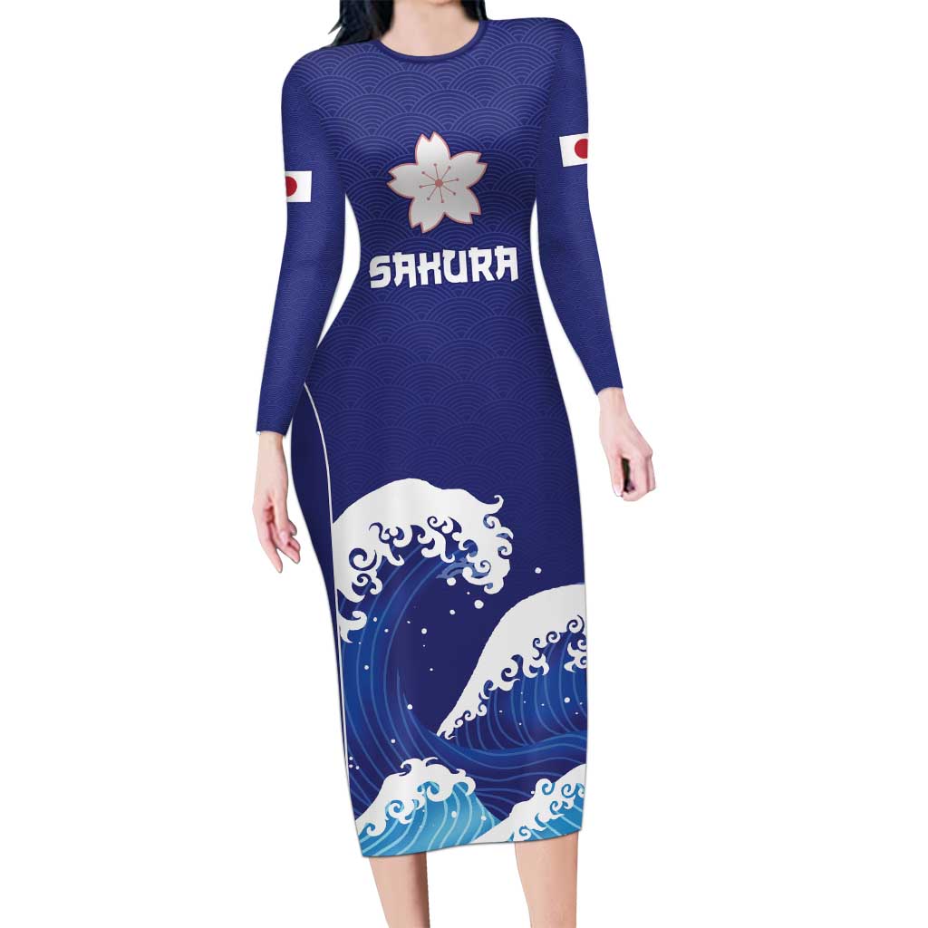 Japan Pacific Rugby Custom Long Sleeve Bodycon Dress Go Sakura Japanese Wave Pattern