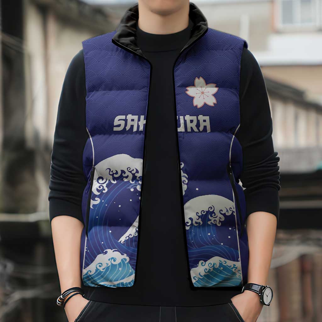 Japan Pacific Rugby Custom Sleeveless Puffer Jacket Go Sakura Japanese Wave Pattern - Polynesian Pride