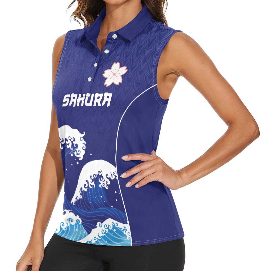 Japan Pacific Rugby Custom Women Sleeveless Polo Shirt Go Sakura Japanese Wave Pattern