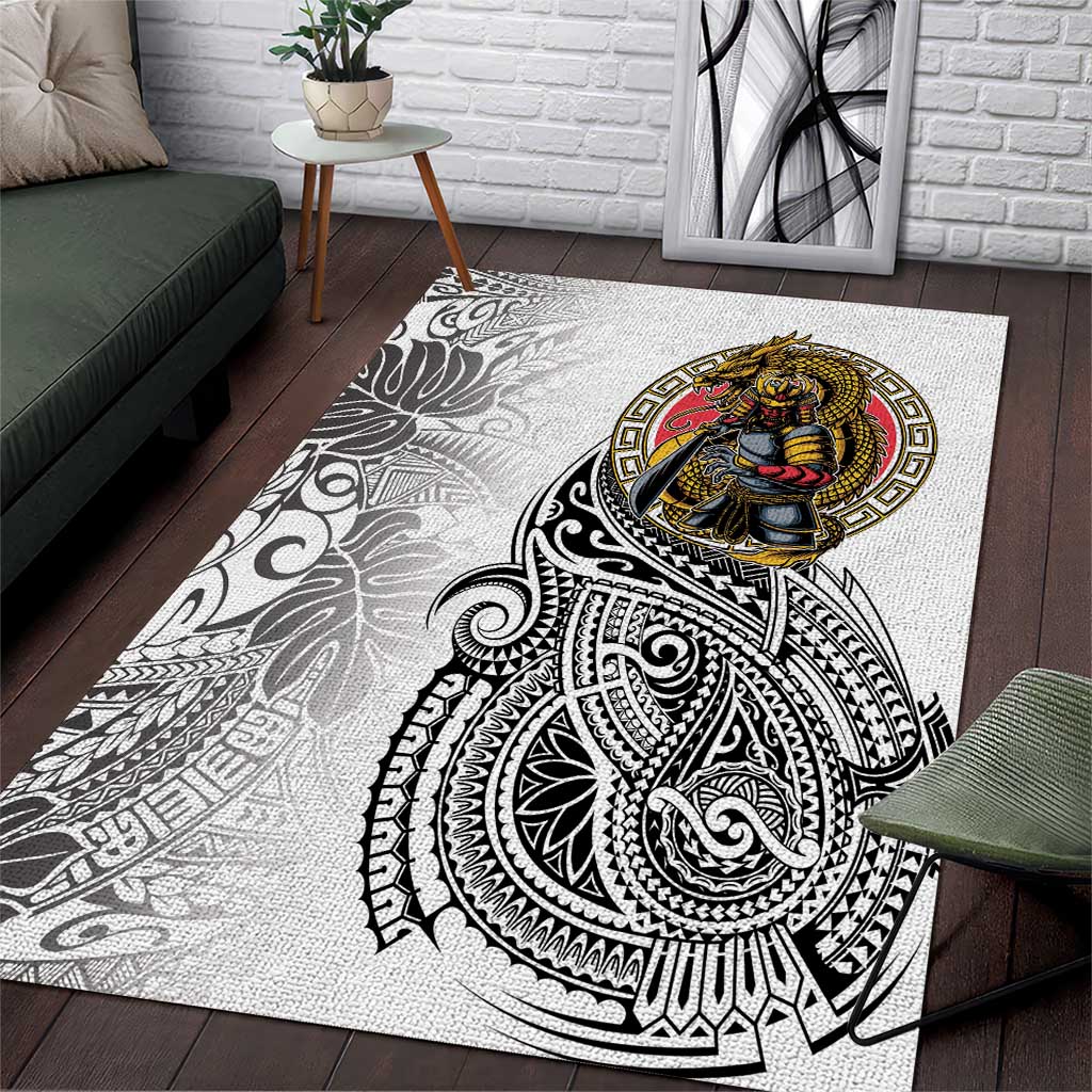 Japanese Samurai Warrior Area Rug White Polynesian Tattoo Style LT9 White - Polynesian Pride